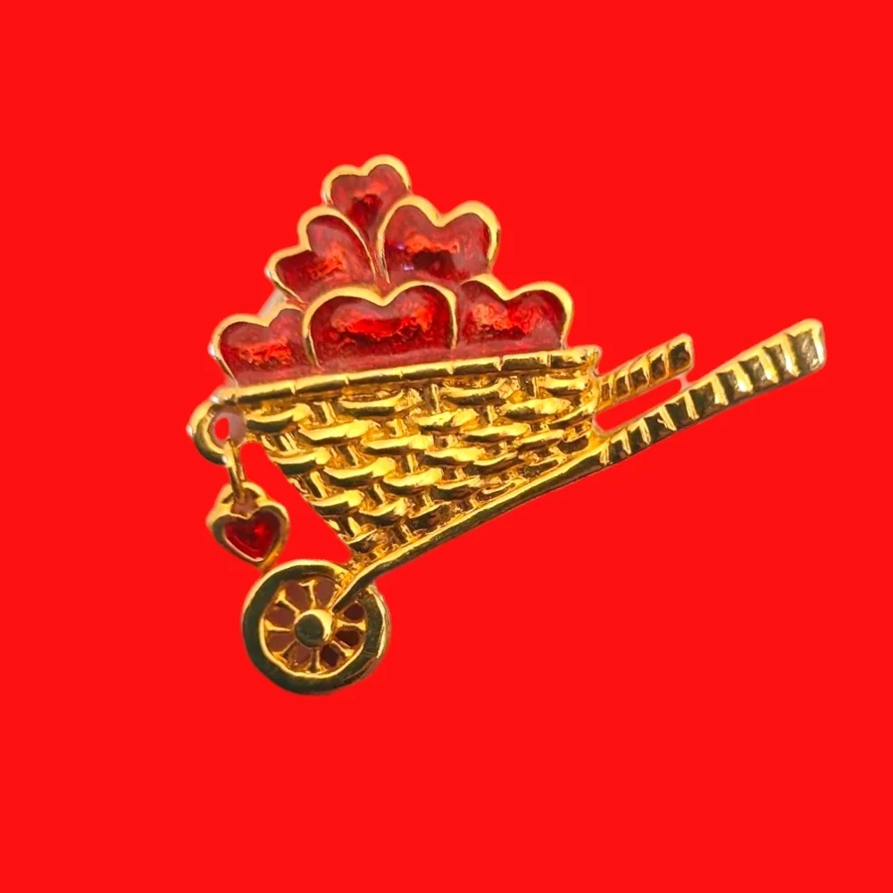 Gold and Red Heart Wheelbarrow Brooch